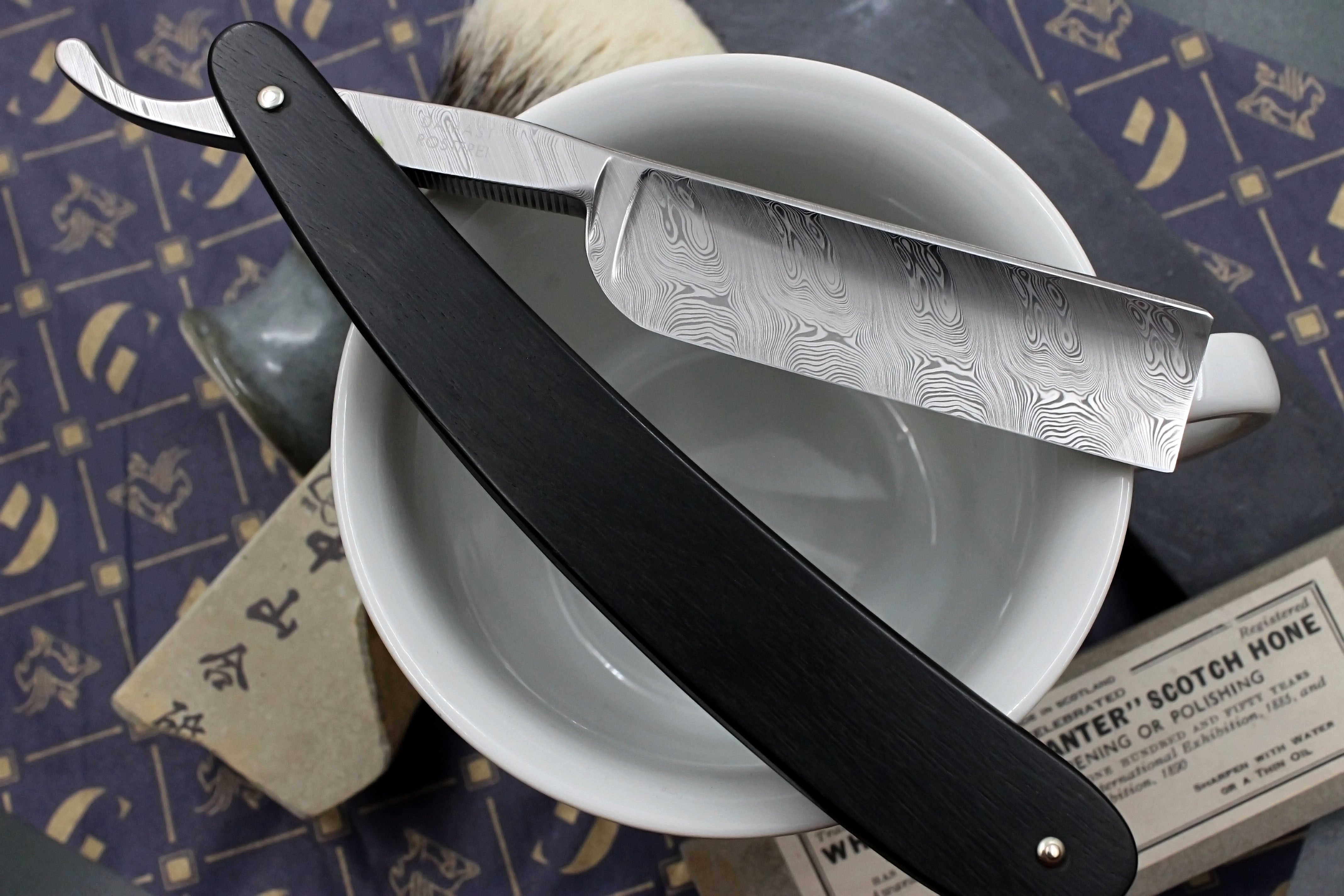 Boker Damascus 6/8 Full Hollow Blade with Ebony Scales - Preowned Solingen Straight Razor - Shave Ready