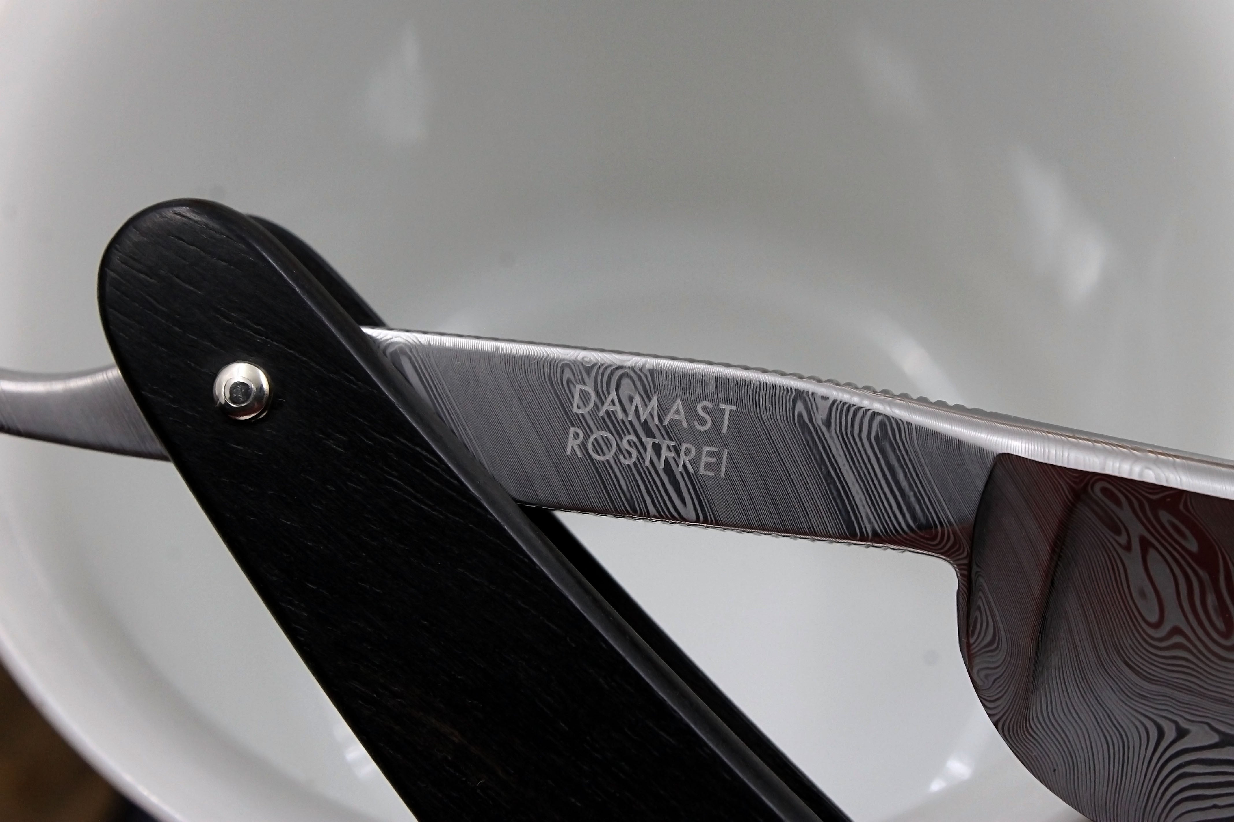 Boker Damascus 6/8 Full Hollow Blade with Ebony Scales - Preowned Solingen Straight Razor - Shave Ready