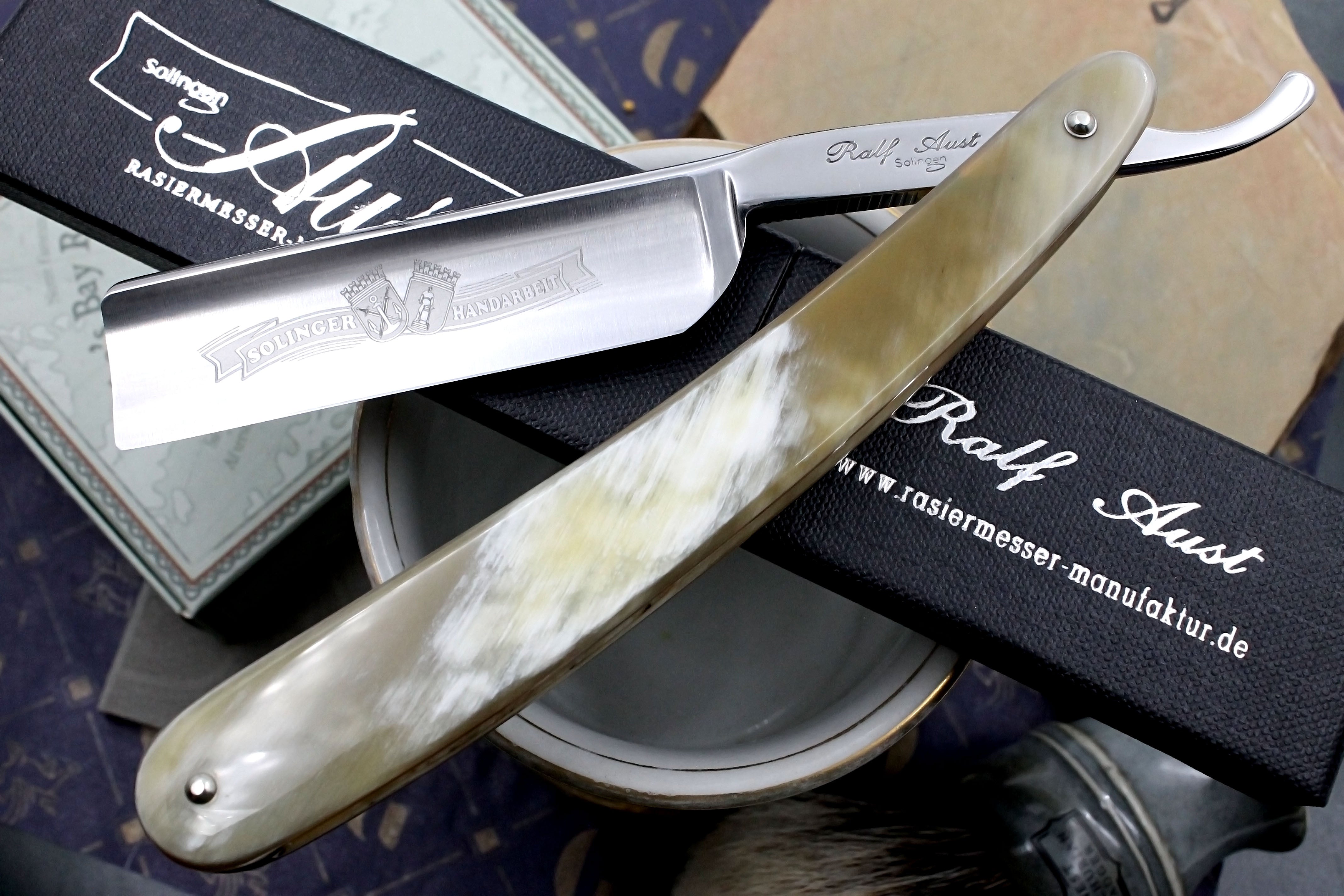 Ralf Aust 6/8 Full Hollow Blade with Horn Scales - Preowned Solingen Straight Razor - Shave Ready