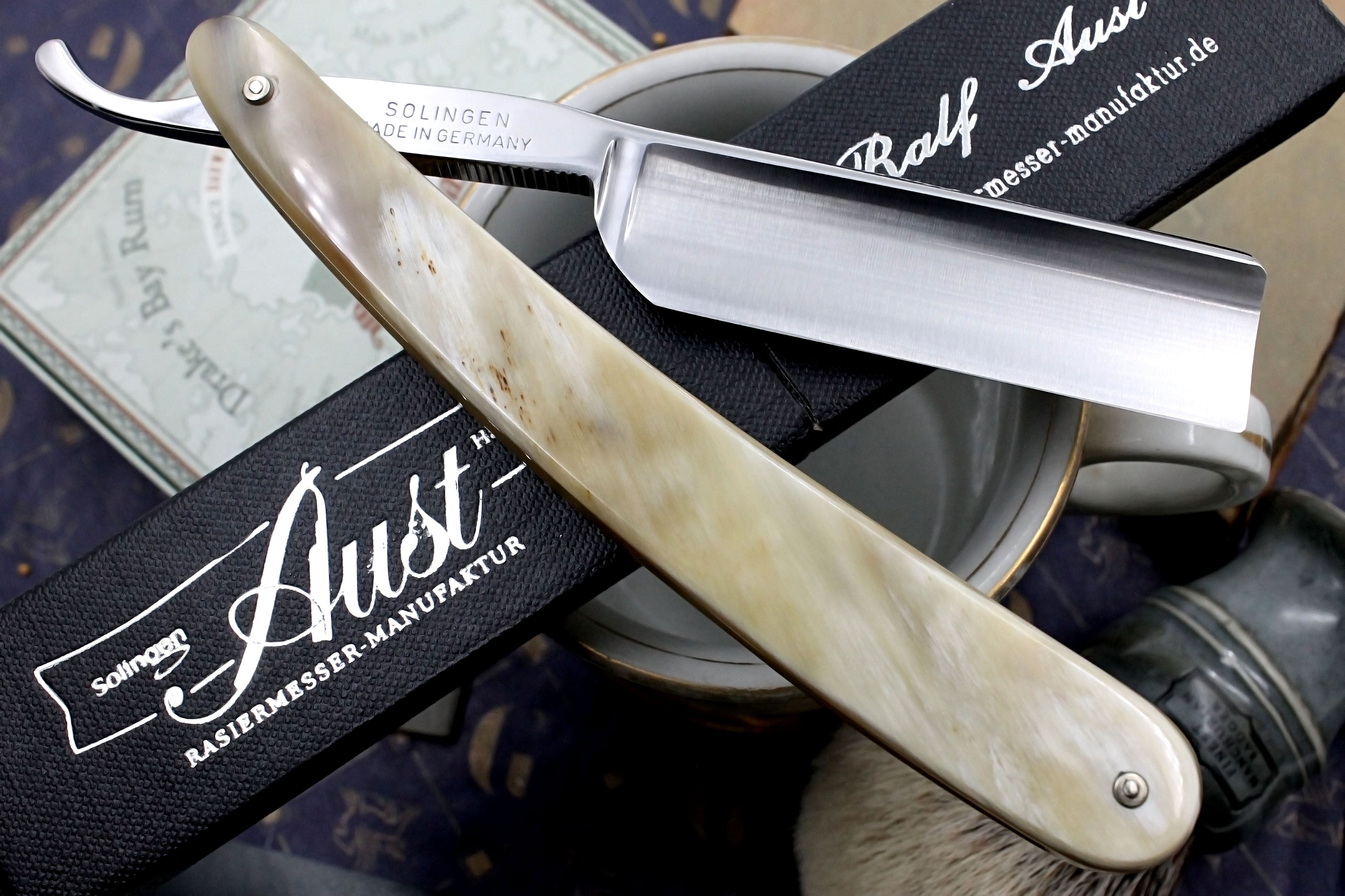 Ralf Aust 6/8 Full Hollow Blade with Horn Scales - Preowned Solingen Straight Razor - Shave Ready