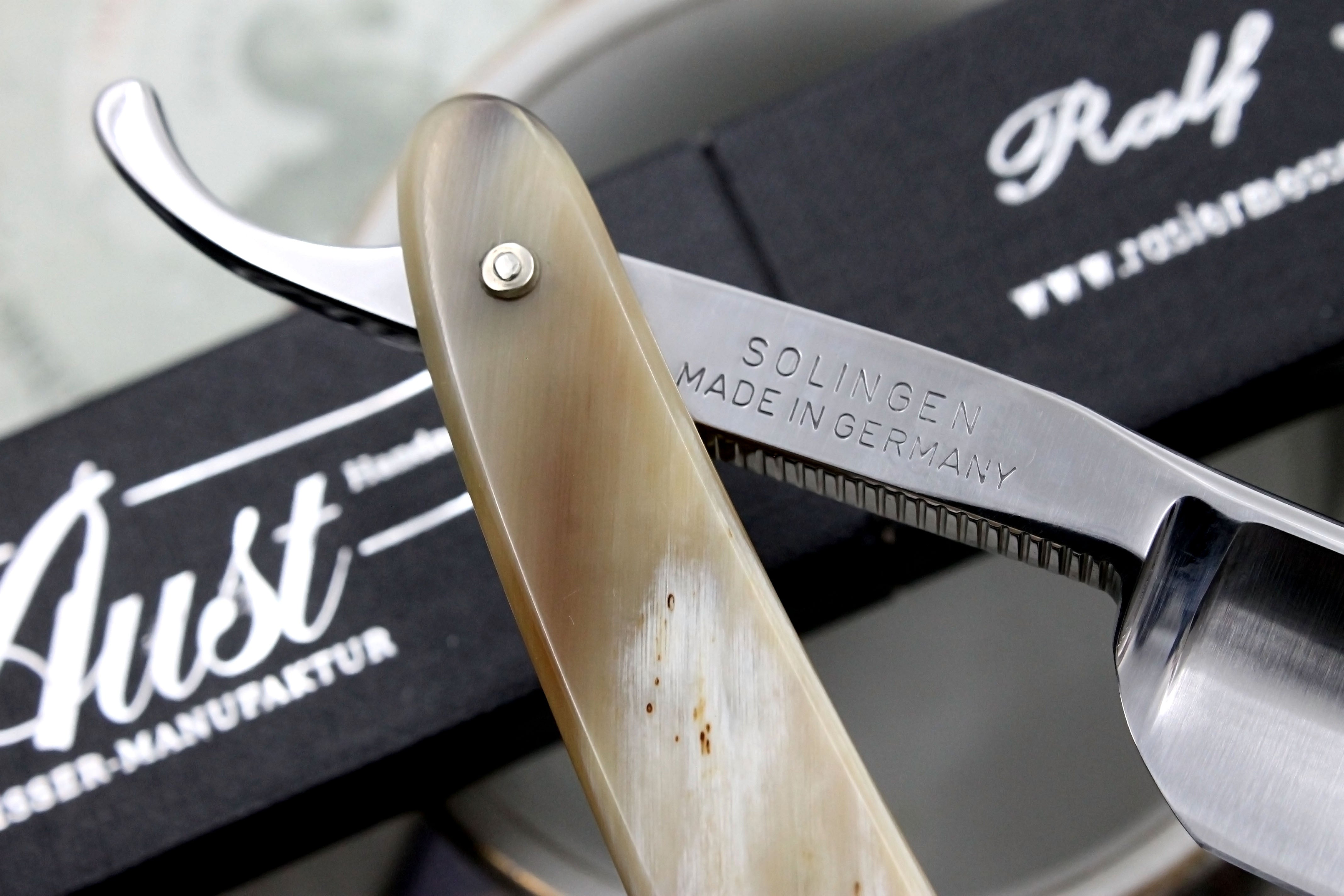 Ralf Aust 6/8 Full Hollow Blade with Horn Scales - Preowned Solingen Straight Razor - Shave Ready