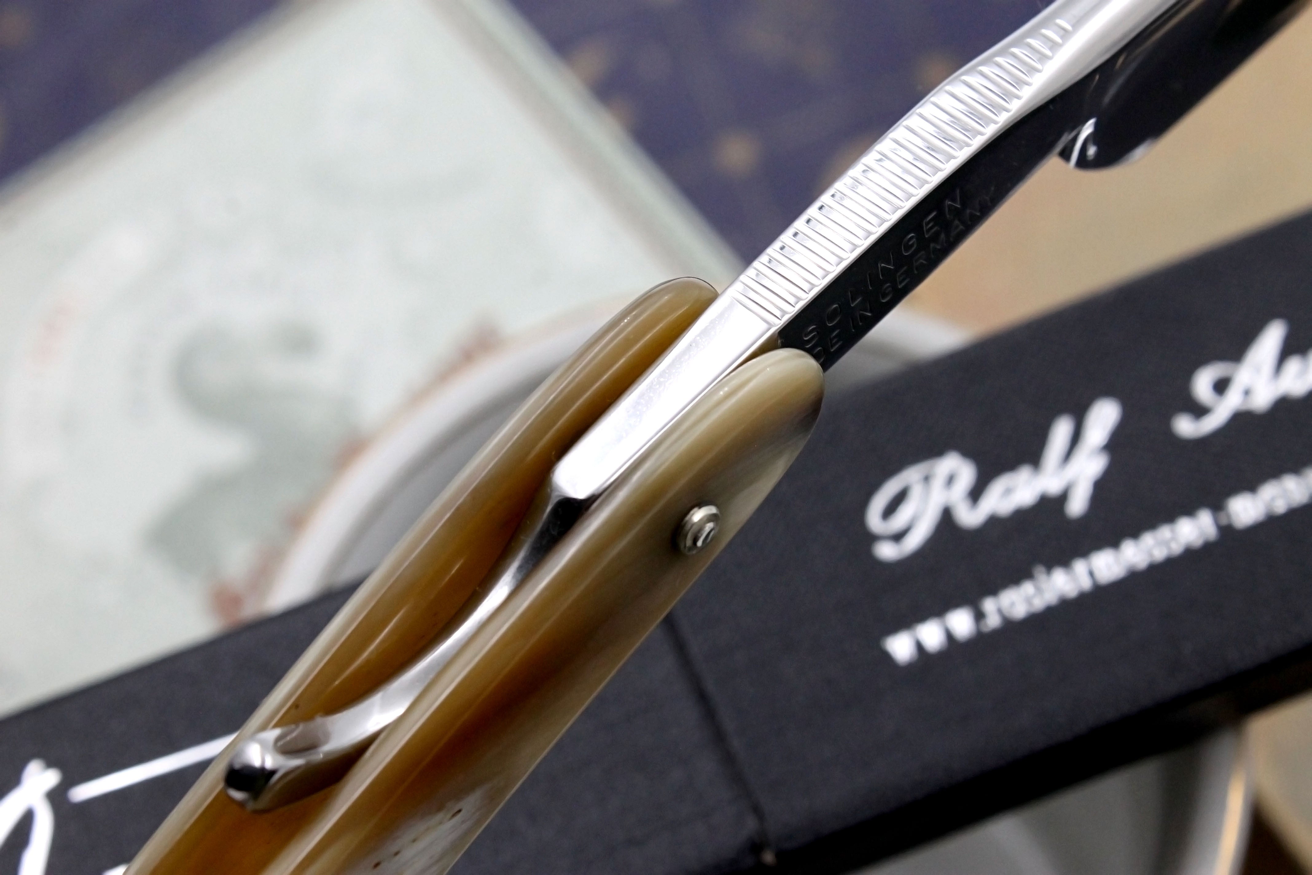 Ralf Aust 6/8 Full Hollow Blade with Horn Scales - Preowned Solingen Straight Razor - Shave Ready