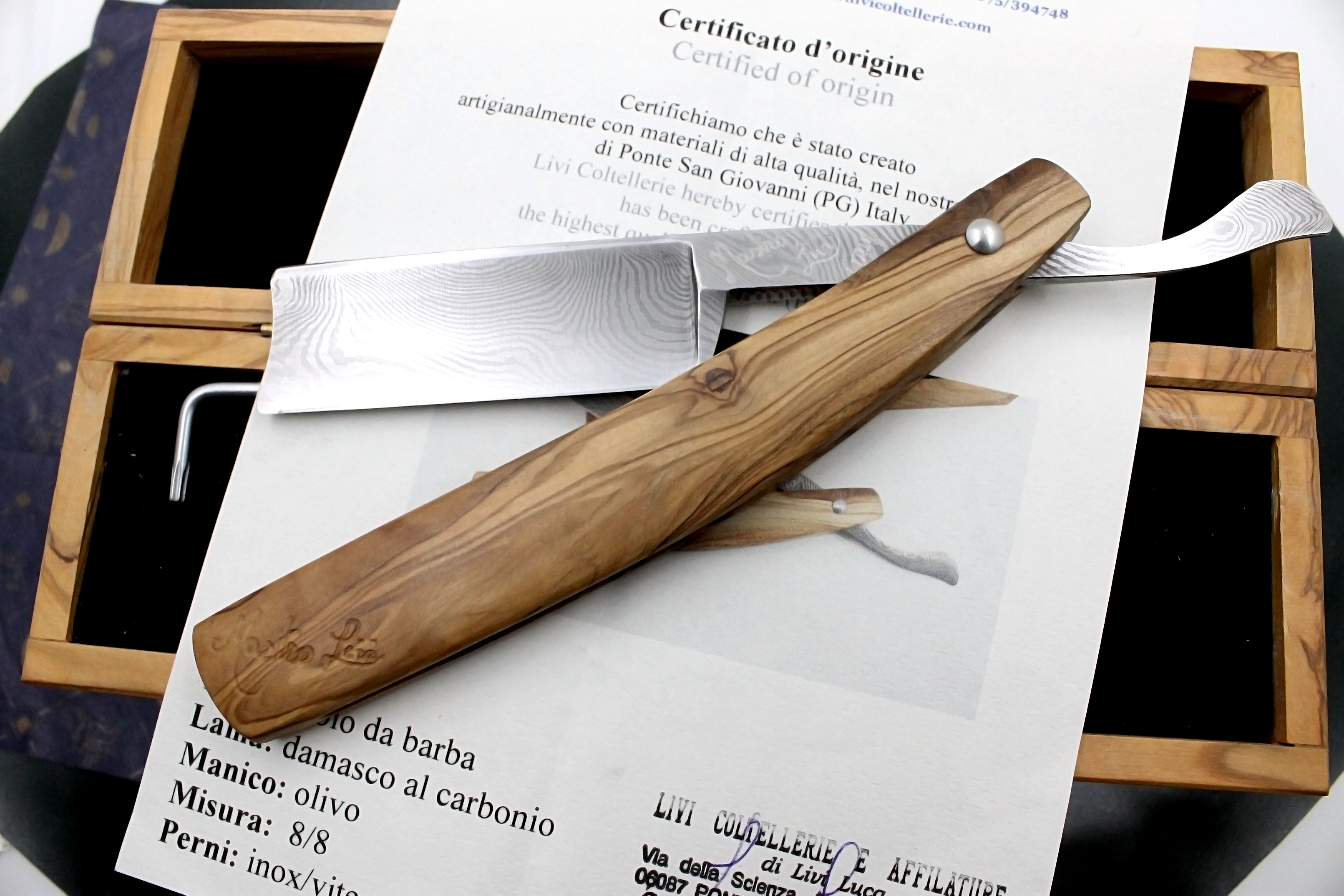 Mastro Livi Damscus 8/8 with Olivewood Scales - Preowned Custom Straight Razor - Shave Ready