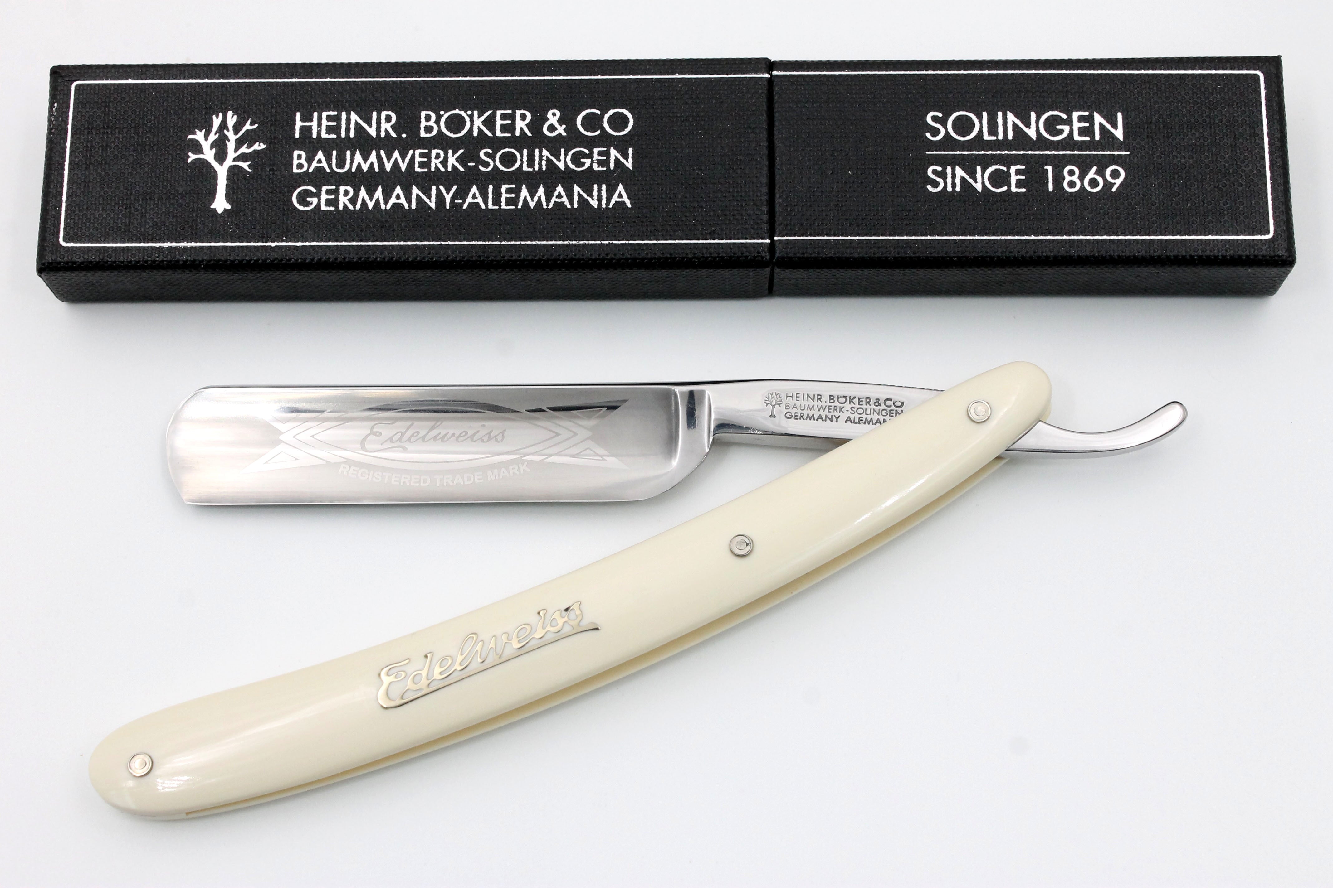 Boker Edelweiss 5/8 Full Hollow Blade with White Scales Solingen Straight Razor